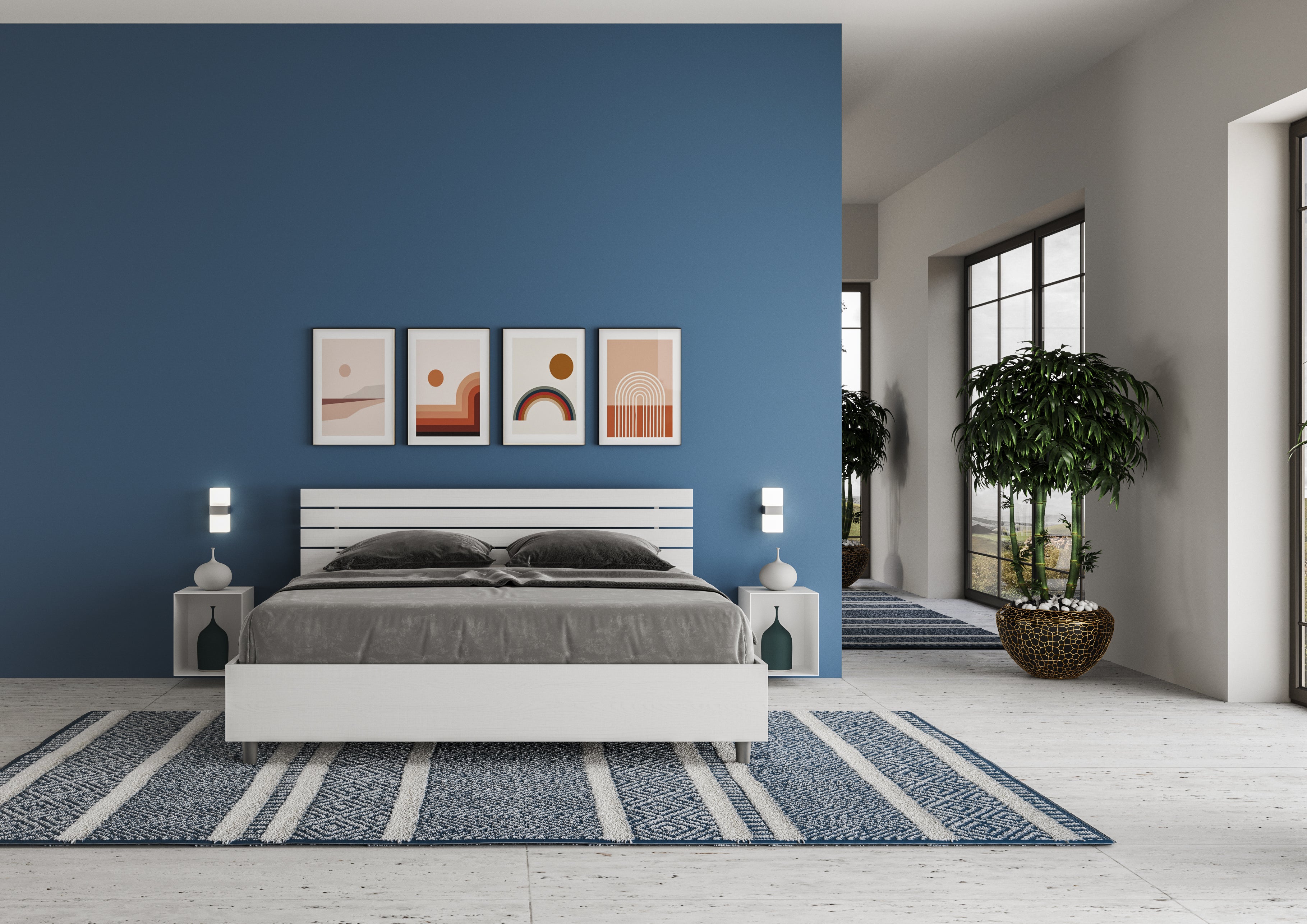 Cama sin somier 160x190 con cabecera inclinada de listones fresno blanco Ankel - 2