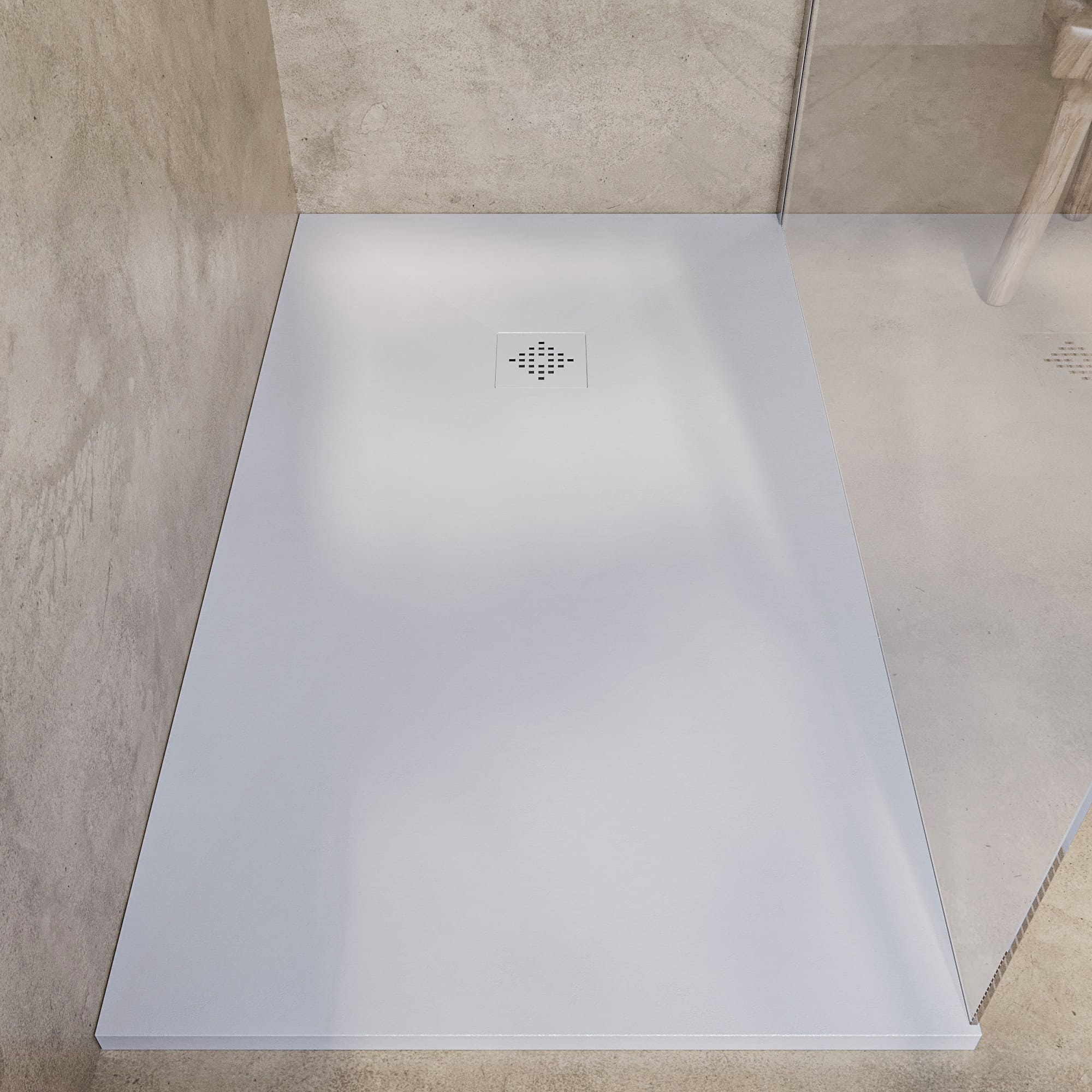 Receveur de Douche -Résine -Gel Coat -Texture Lisse/Pierre -Antidérapant -Couleur Blanc - 120x80- Extra plat 3cm. GRILLE MÊME COULEUR - 4