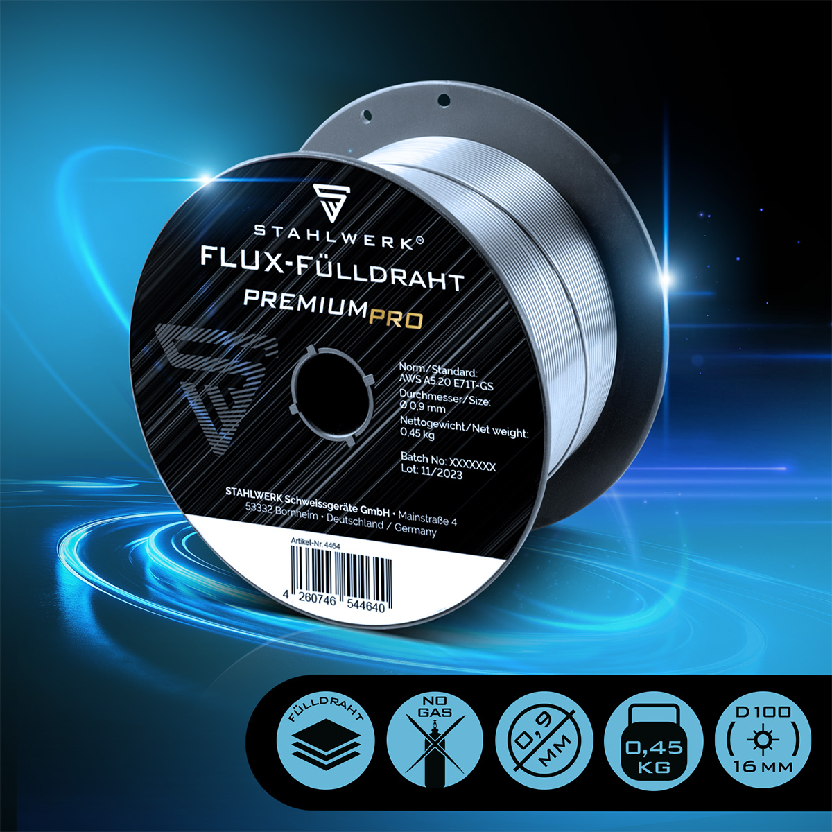 STAHLWERK Fil fourré, jeu de 3 FLUX E71T-GS 0,9 mm 0,45 kg Rouleau de fil D100 MIG MAG - 2