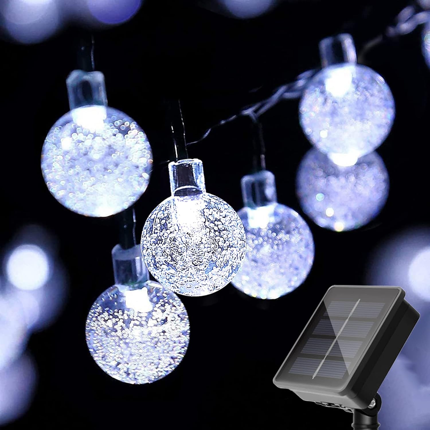 Lampki solarne, mała kryształowa kula, zewnętrzne lampki choinkowe, 100 diod LED, 12 metrów, 8 trybów oświetlenia (białe światło)