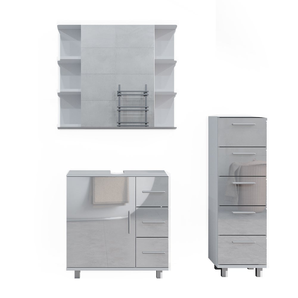 Vicco Zestaw mebli łazienkowych Ilias, Biały wysoki połysk, 3 części, z szafką midi