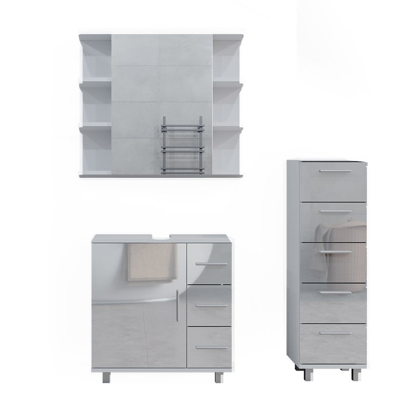 Vicco Zestaw mebli łazienkowych Ilias, Biały wysoki połysk, 3 części, z szafką midi