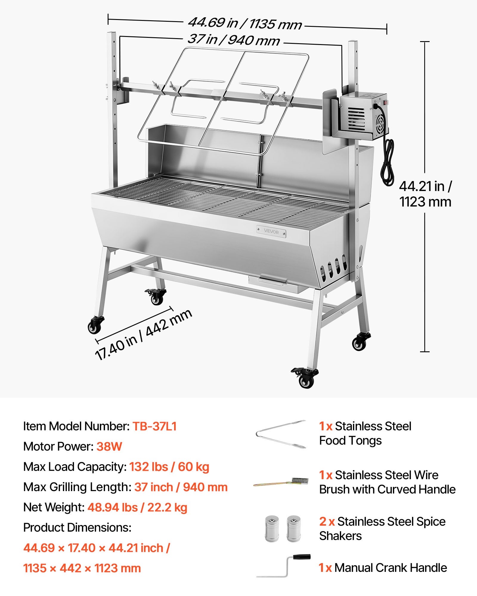 Barbecue a Carbone con Girarrosto Elettrico VEVOR, Motore 38 W, Carico 60 kg, Spiedo 94 cm, Senza Coperchio, 7 Altezze - 7