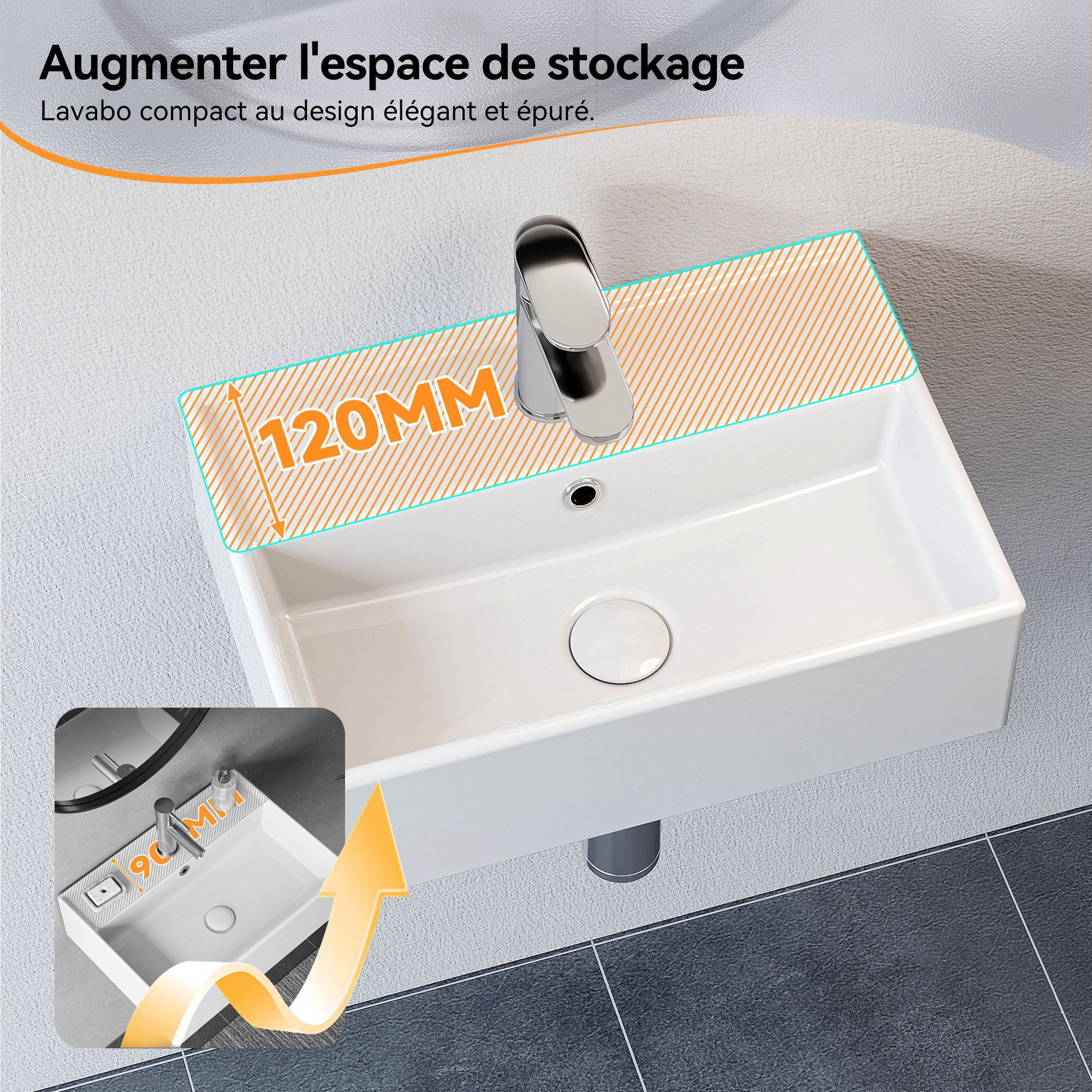 Lavabo en céramique, carré mural, vasque invité, vasque murale ou à poser avec trou pour robinet et trop-plein, 45 x 31 x 13,5 cm HOROW - 4