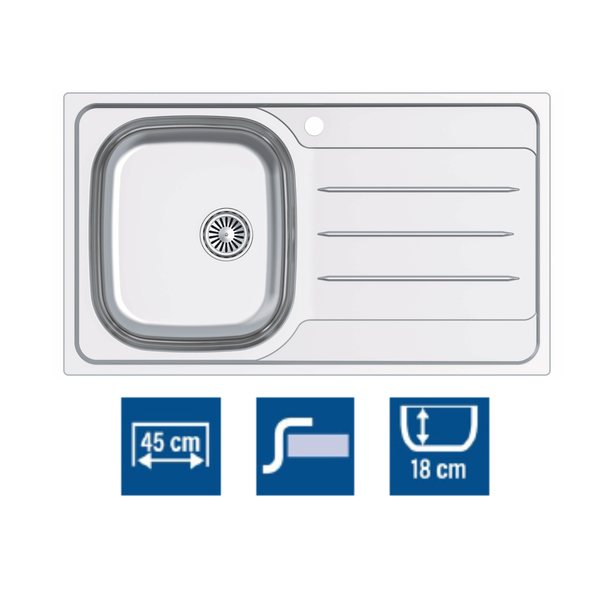 Cata  Fregadero Cdp-1 Ed Cubeta Cuadrada Con Escurridor 86X50 Cm Profundidad 18Cm Fondo Absorbente Acero Inoxidable Grosor 0,8Mm Color Gris Acero Inoxidable, Leroy Merlin