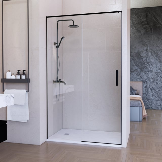 Mampara Ducha Frontal Corredera Lux Fijo+Puerta-Ancho 140cm-Acabado Negro Mate-200cm Alto-Cristal templado 6mm antical-Cierre Reversible con Freno