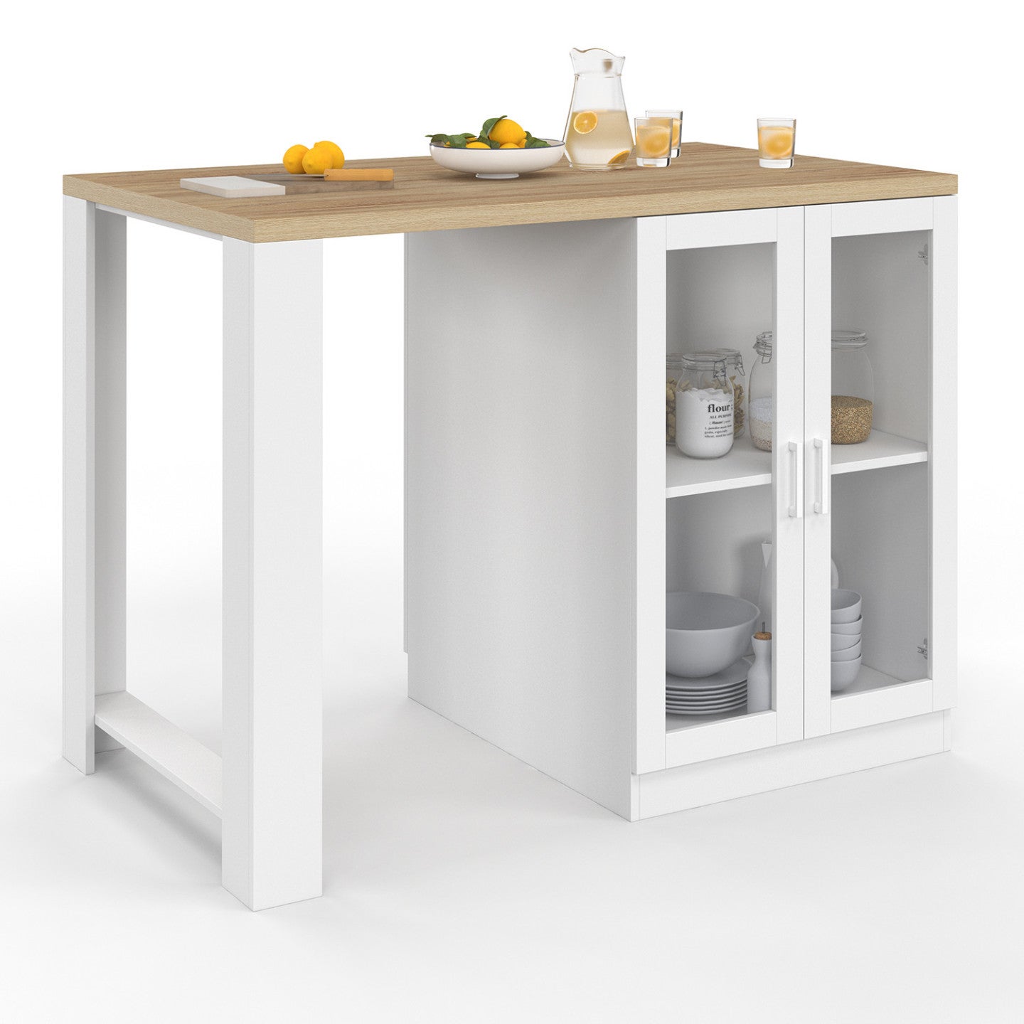 Ilot central LINO 120 cm 2 personnes bois blanc et plan de travail façon hêtre et portes vitrées - 2
