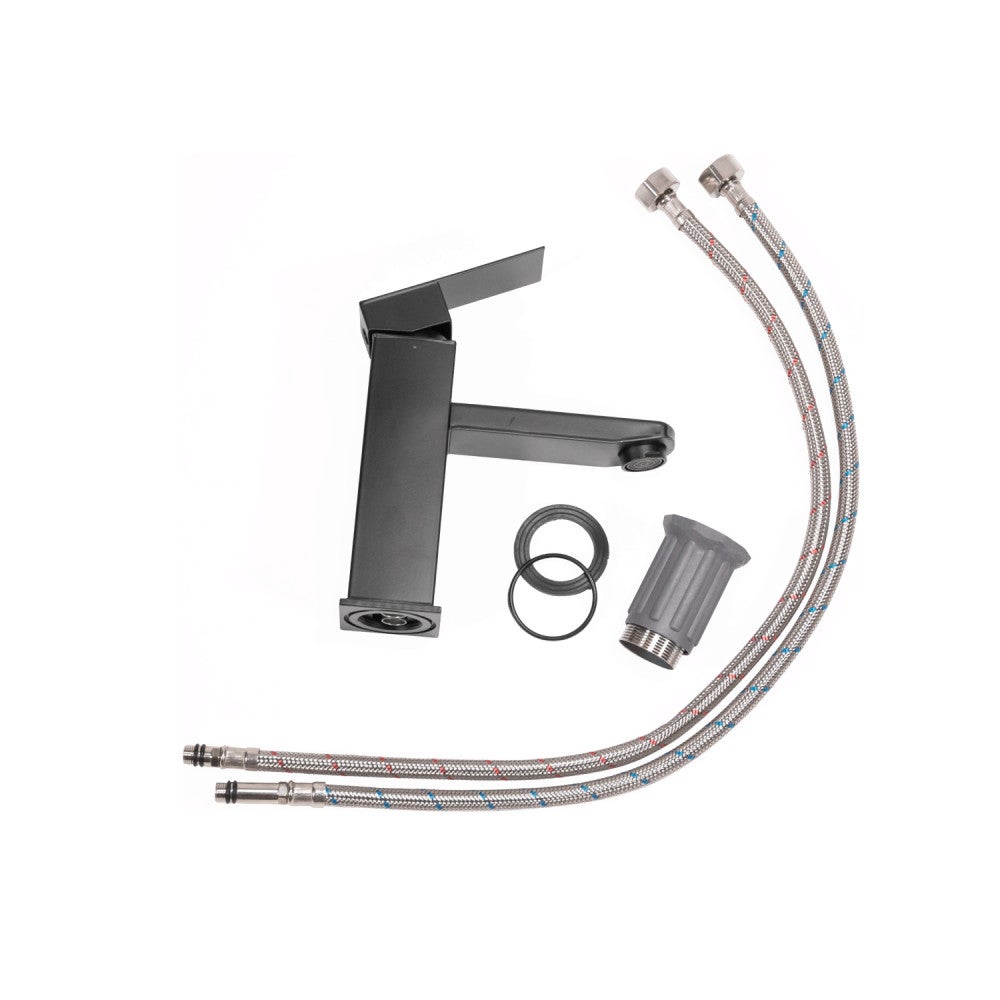 Grifo Lavabo Latón/Zinc, Negro, Agua Caliente-Fría, Latiguillos, Caño Bajo, Monomando [QLI-FA-4311] - 4