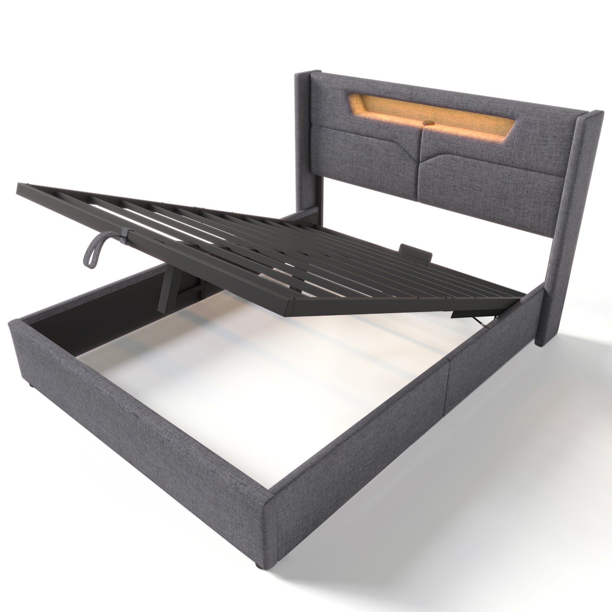 Cama arcón doble, lino, carga USB tipo C e iluminación LED, (140 x 200 cm, gris, sin colchón) - 9