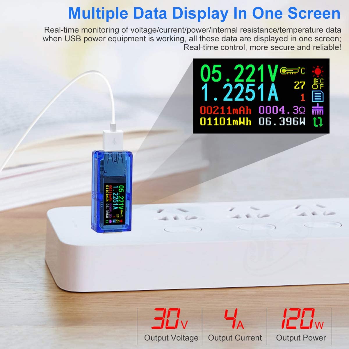 Testeur USB 3.0 Multimètre 3,7-30 V 0-4 A Testeur de courant et de tension numérique USB Voltmètre Ampèremètre Capacité Alimentation Chargeur Détecteu - 5