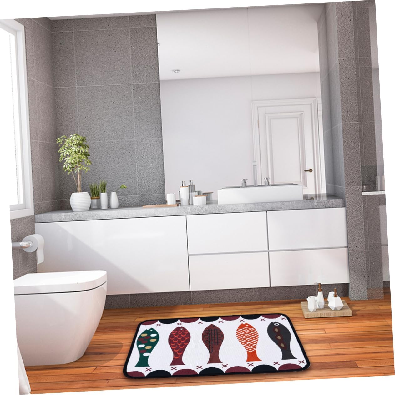 Nordycki dywan antypoślizgowy z motywem małej rybki do kuchni, łazienki i na podłogę.