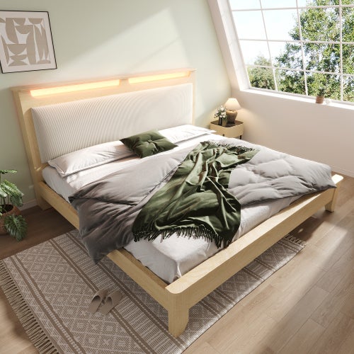 Lit adulte Lit double 180x200 cm avec tête de lit rangement et éclairage LED - Rétro en tissu - Structure bois -beige - 4