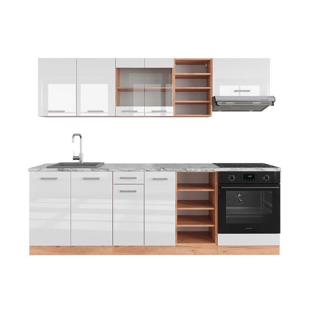 Vicco Zabudowa kuchenna R-Line, Biały wysoki połysk/złoty dąb power, 240 cm , BP Marmur