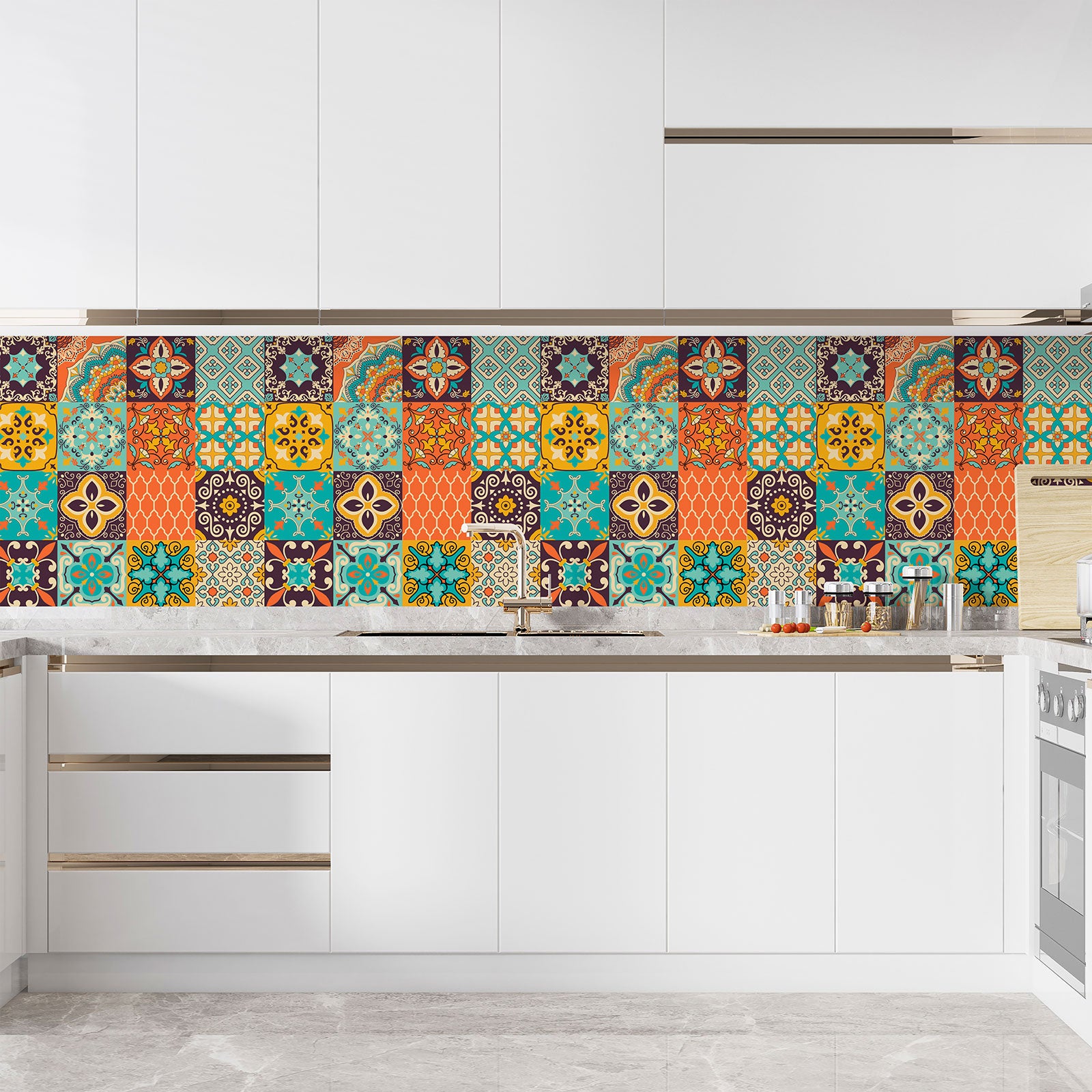 Crédence adhésive sticker décoratif pour cuisine - Effet carreaux de ciment - Adhésif MAT - 60x60 cm - 3