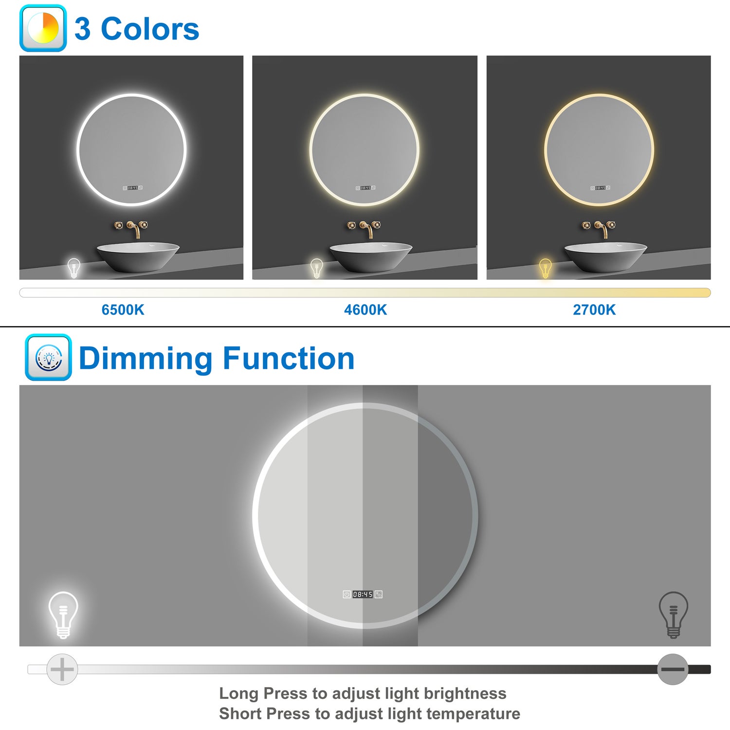 AICA Miroir lumineux rond 60cm,3 couleurs + dimmable + horloge + anti-buée + mémoire, miroir salle de bain - 3