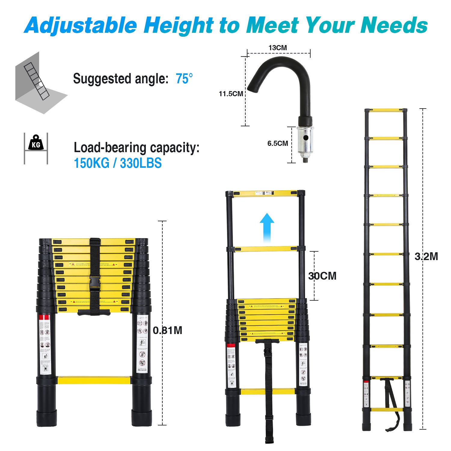 Échelle télescopique avec crochet escabeau noir+jaune Portable Pliante 3,2m - 4