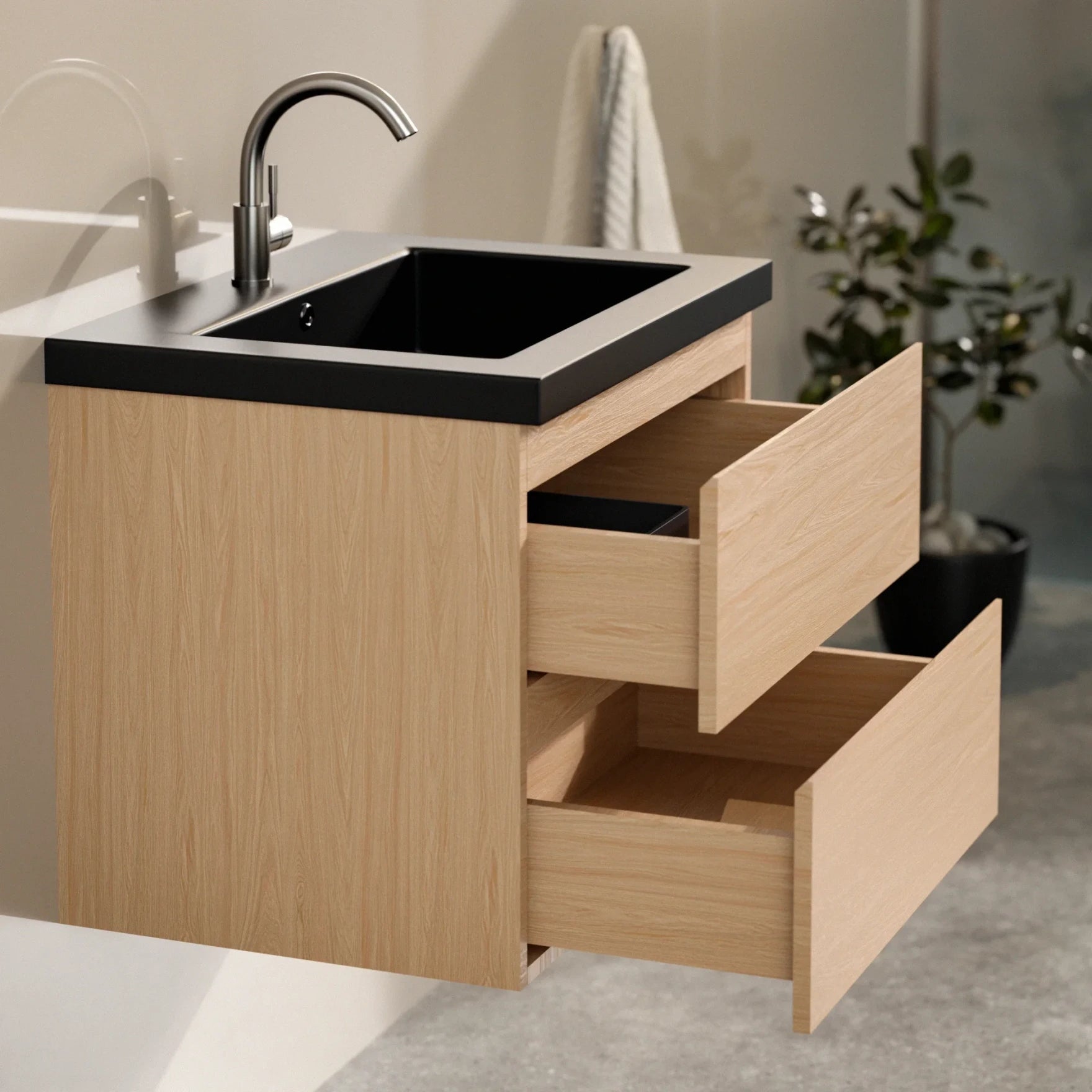 Mirlux Meuble vasque Karo - 60 cm - Chêne clair - Vasque noire - 4