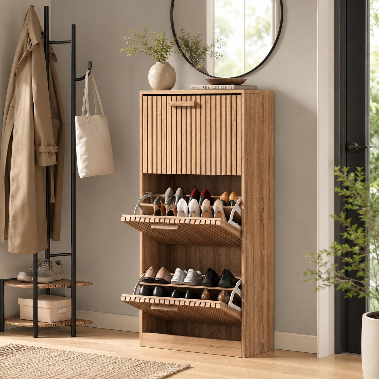 Meuble à chaussures avec 3 abattants avec portes à lamelles, armoire à chaussures slim anti-basculement pour 16 à 24 paires, 60 x 24 x 113. - 9