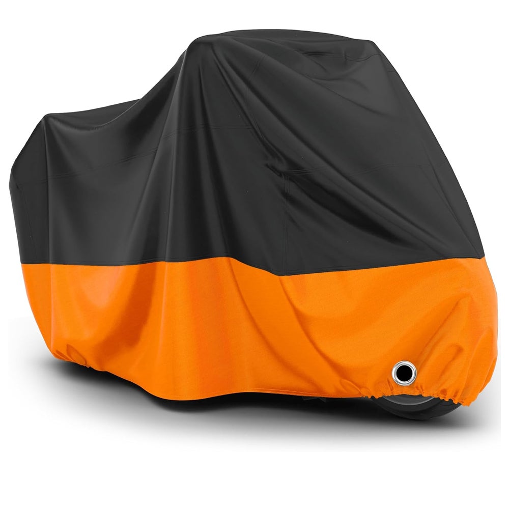 Pokrowiec na motocykl, pyłoszczelny, z ochroną UV, z otworem na kłódkę i wiatroszczelną klamrą, 245 x 105 x 125 cm, czarno-pomarańczowy