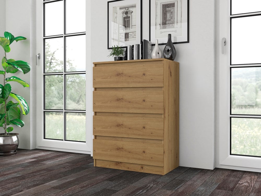 Nowoczesna Komoda do Sypialni 70x97x40 cm – 4 Szuflady na Cichych Prowadnicach – Kolor Dąb Artisan