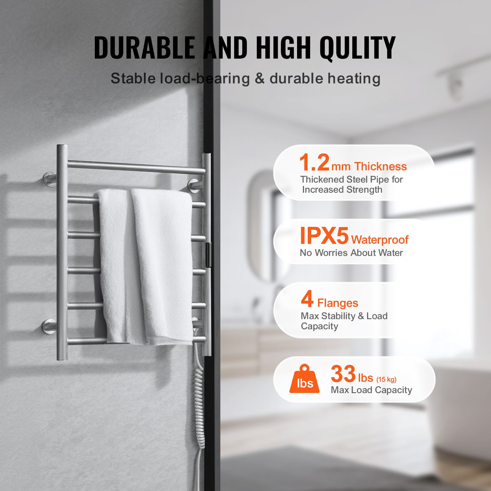 Toalheiro Elétrico Inox de 6 Barras SucceBuy, Aquecedor de Toalhas de Parede IPX5 com Ecrã LED para Casa de Banho - 6