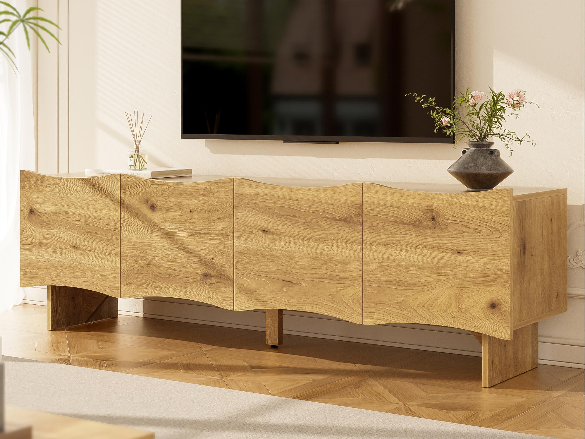 Stolik pod TV 155x36x47 cm - 4 drzwi - imitacja drewna - Płyta wiórowa - Naturalna