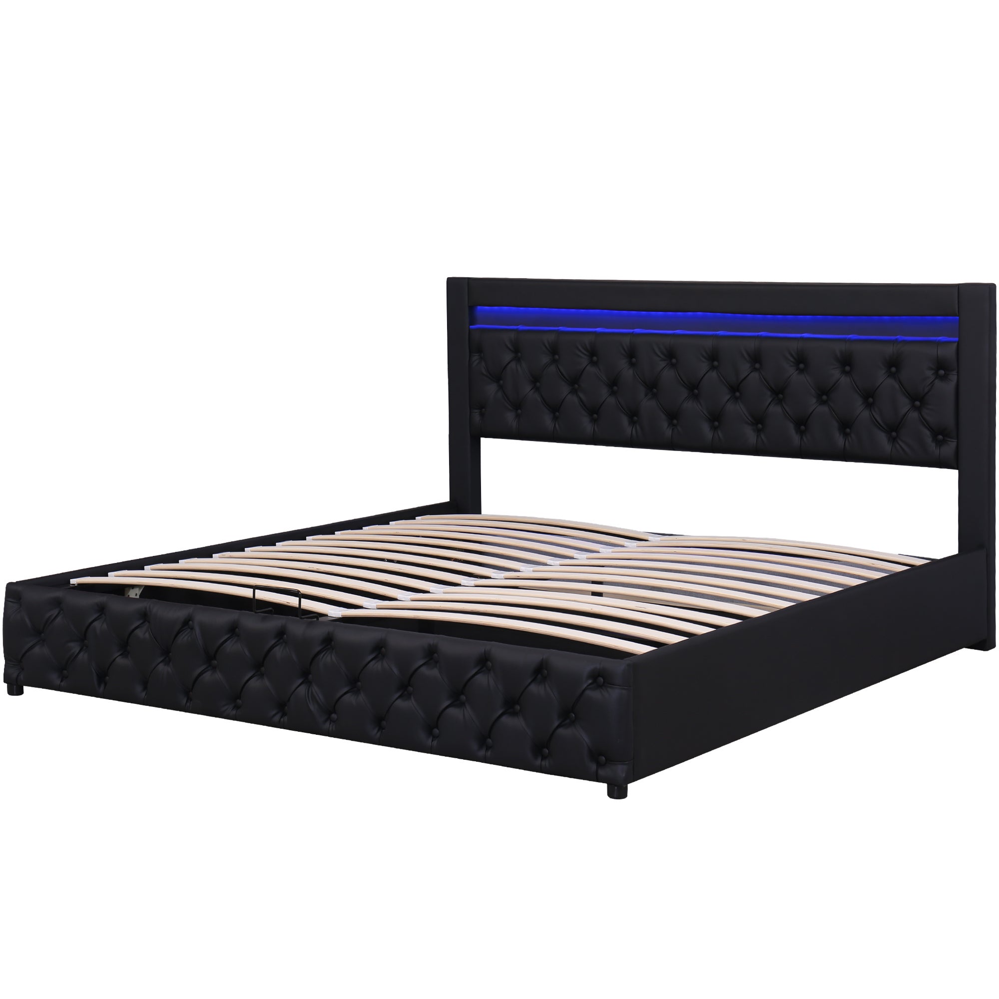 Łóżko z tapicerowanym zagłówkiem z ekoskóry z LED - 180x200cm - z stelażem na listwach - Czarny - 5