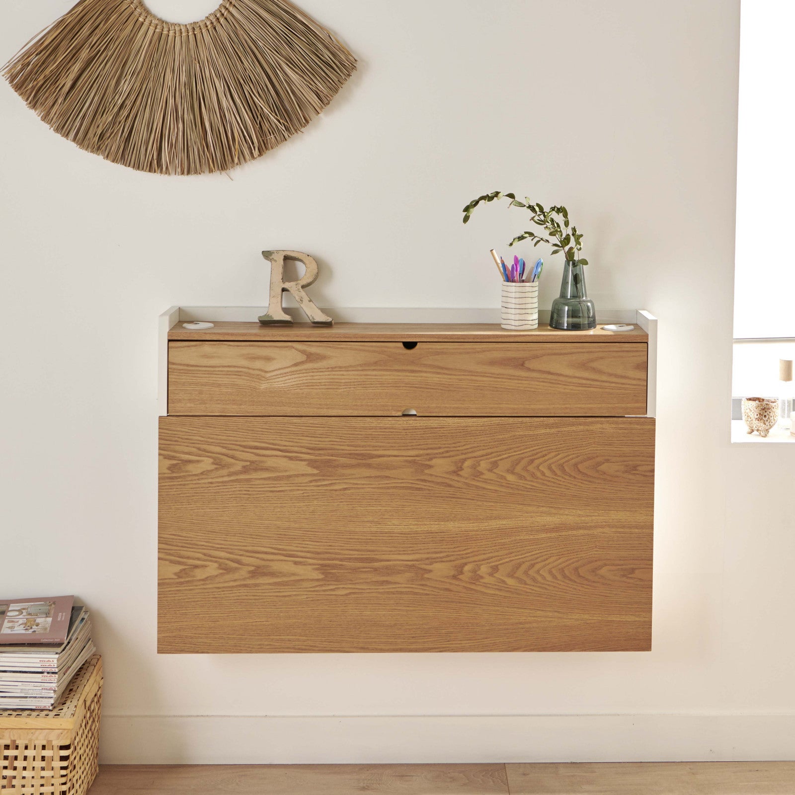 Bureau mural rabattable chêne et blanc 100cm - avec passe câbles - 5