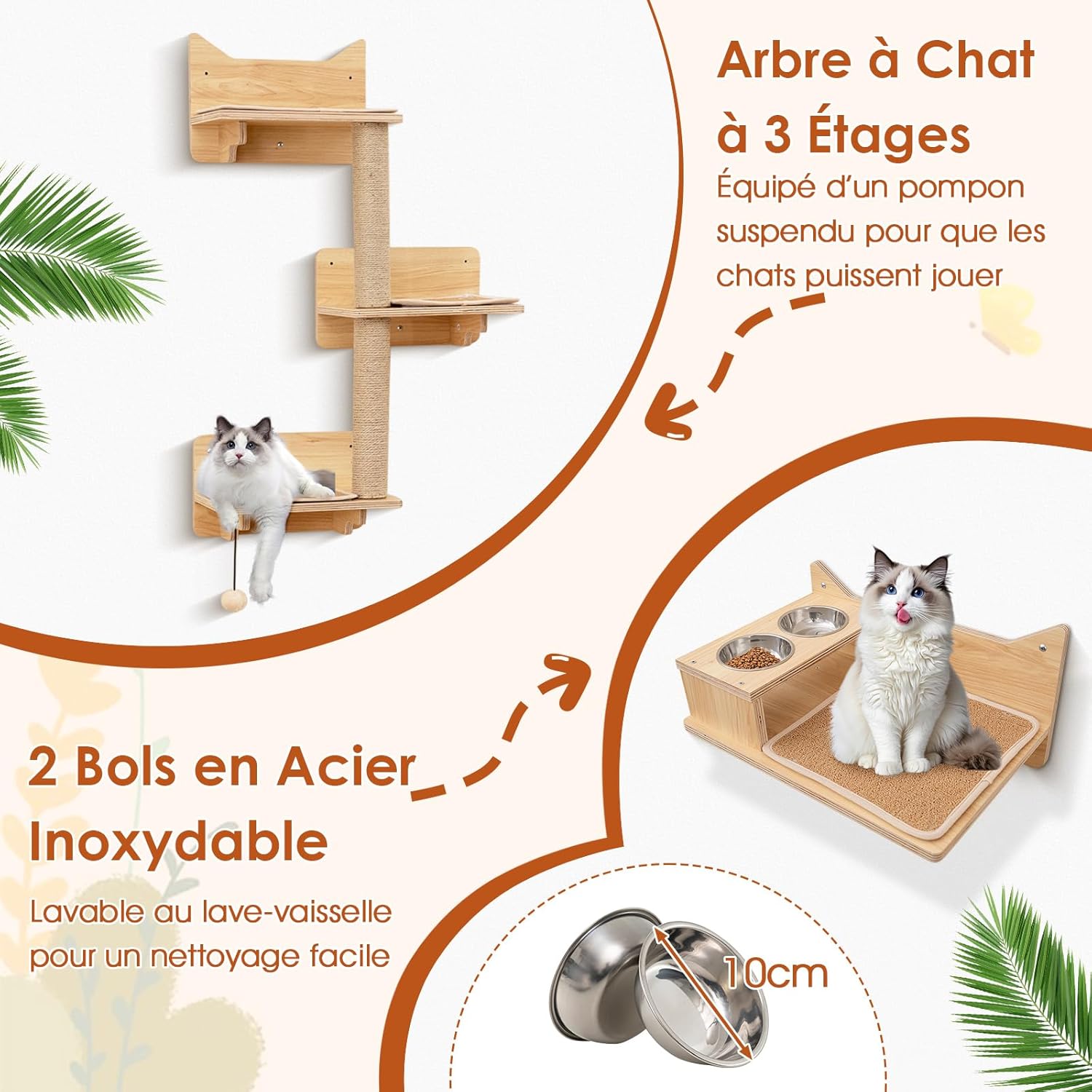 Arbre a Chat Mural en Bois, 6 Pcs Parcours Chat, Hamac, Condo, Plateforme avec 2 Gamelles, Tour pour Chaton à 3 Niveaux, 3 Marches - 6