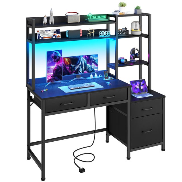 Bureau d'ordinateur Balconera avec piètement en métal et prise électrique, 128 x 50 x 150 cm, noir