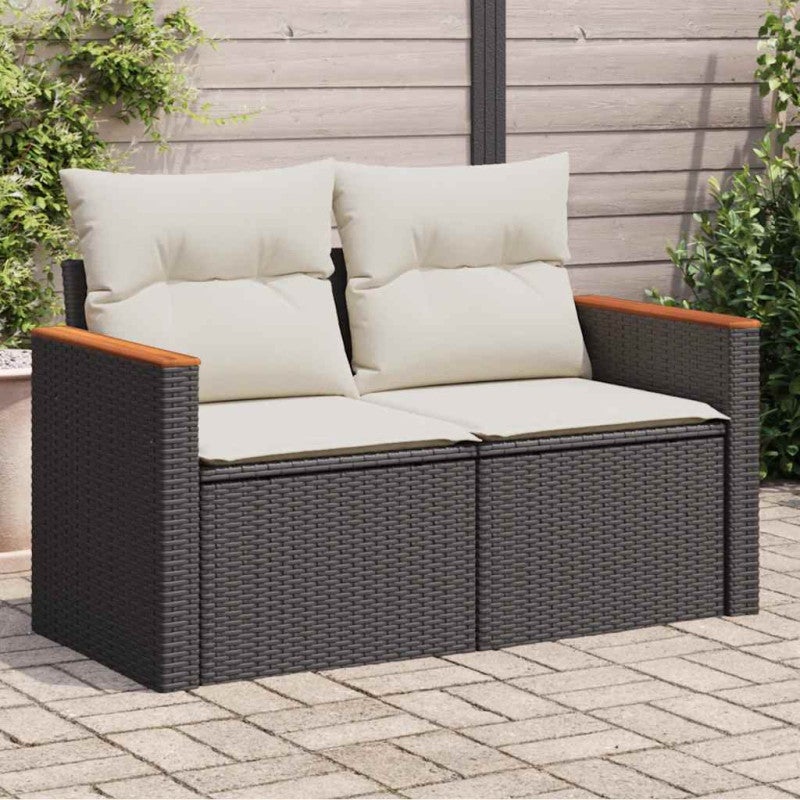 Sofa ogrodowa z poduszkami, 2-osobowa, czarna, polirattan vidaXL