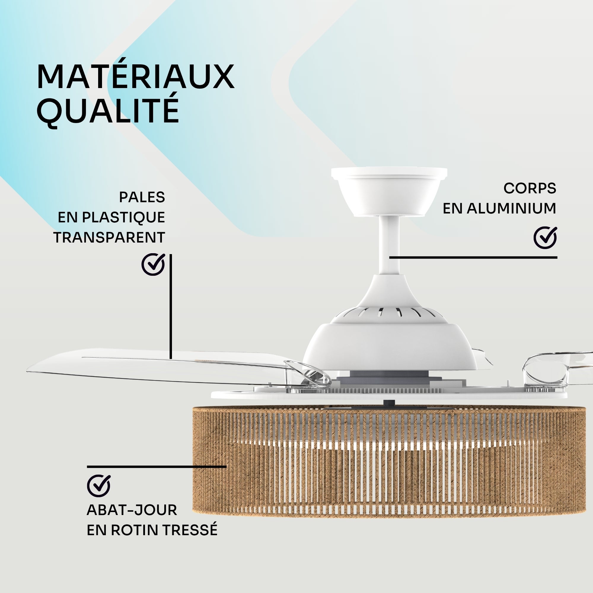 Ventilateur de plafond avec lumière LED réglable Mellerware - Brizy Bright Rattan, minuterie jusqu'à 8h, compatible avec plafonds inclinés. - 7