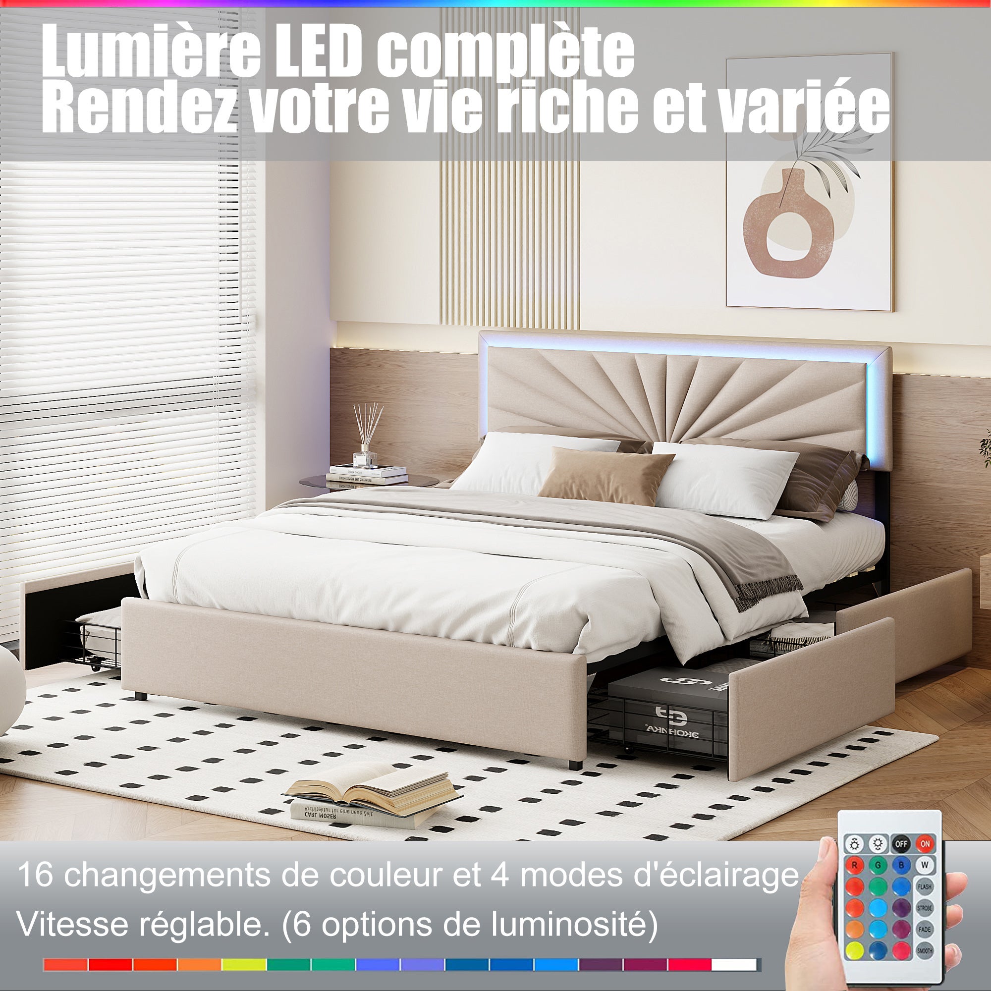 Lit double 160x200 cm - COZY- tissu en lin - 4 tiroirs - LED - lit 160x200 cm - Beige - 4
