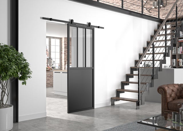 Kit porte coulissante Atelier noir + rail apparent acier noir - vitre claire - H 204 cm x L 93 cm