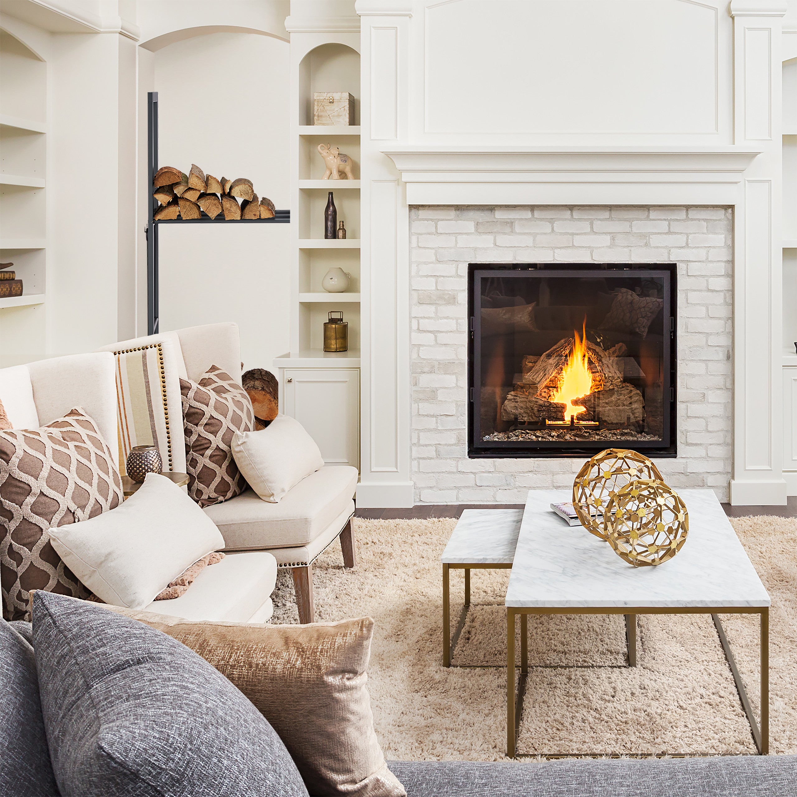 Relaxdays Etagère Cheminée 100x40x30 cm étagère à bûches 2 niveaux bois porte-bûches range buche 4 crochets, anthracite - 5