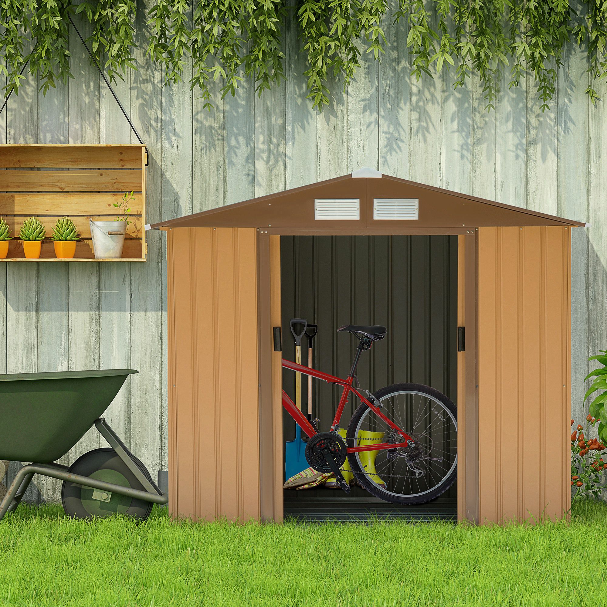 Caseta de jardín con 2 puertas correderas Outsunny 213x130x185cm Caqui - 2