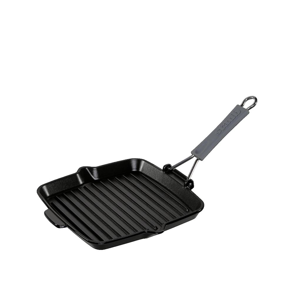 Patelnia grill kwadratowa Staub 24 cm żeliwo emaliowane czarne silikonowa rączka