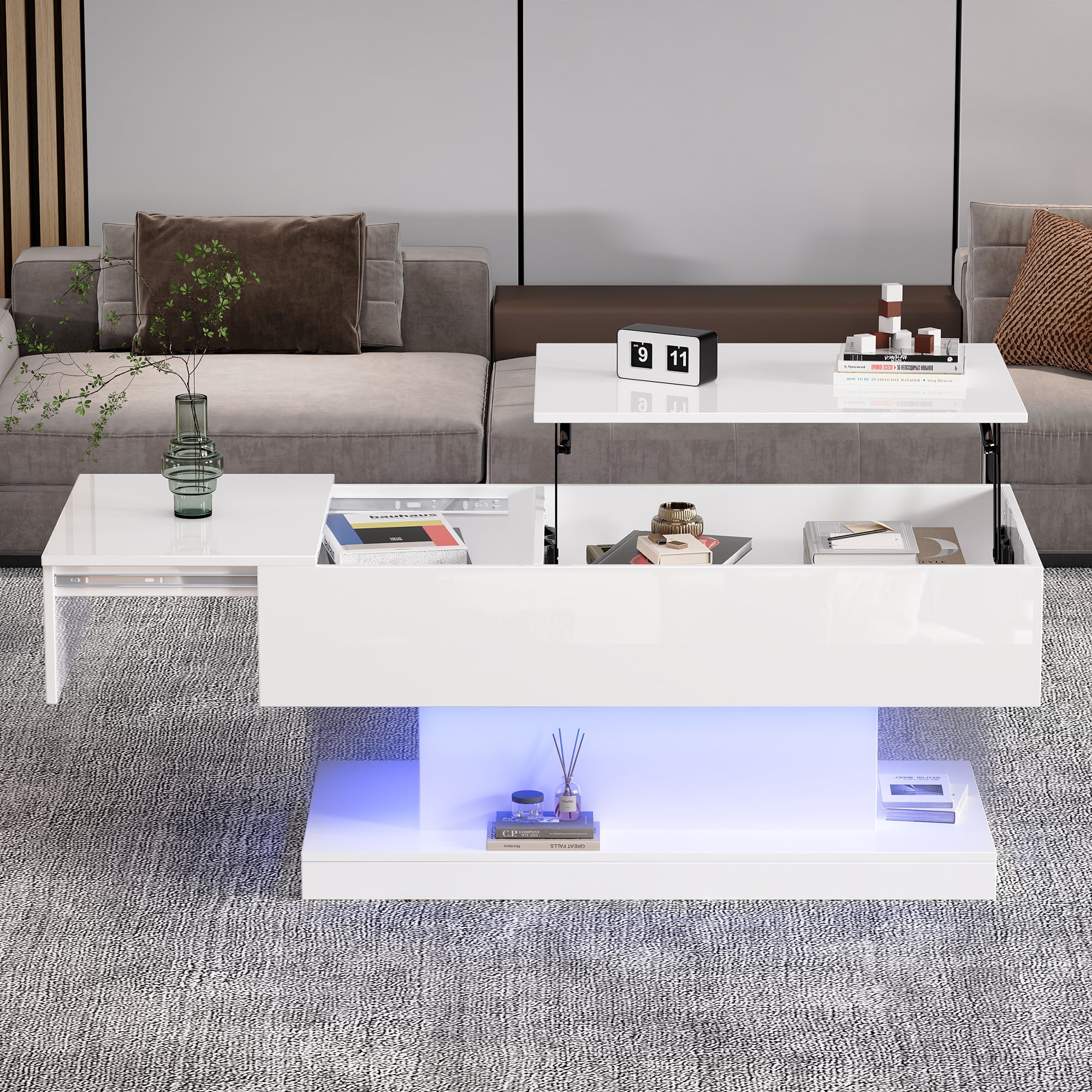 Table basse avec plateau relevable - 100 x 50 x 45 cm - LEDs - Panneaux de particules et métal - Blanc brillant - 2