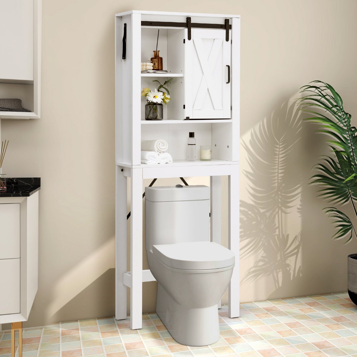 Mueble de baño sobre inodoro 4 niveles puerta corredera estantes regulables 68x22x171cm blanco