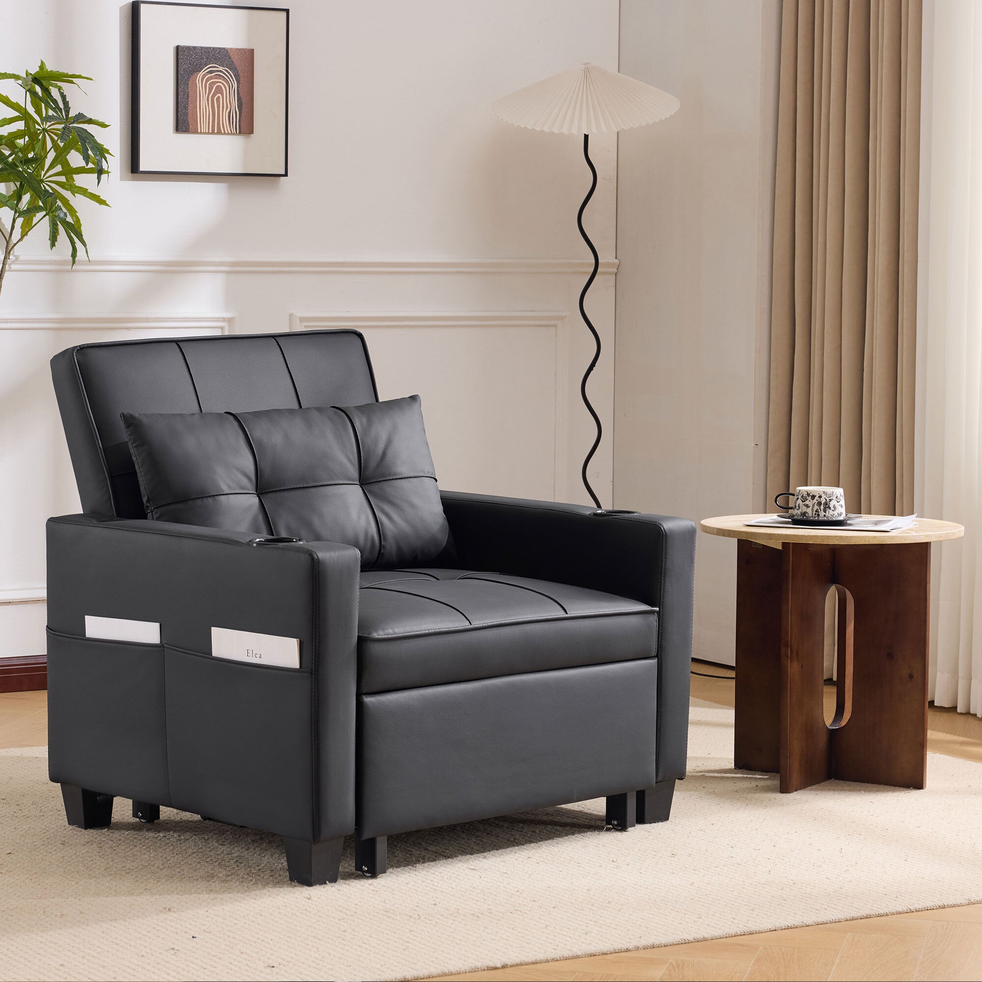 Canapé-lit simple convertible 3 en 1 avec porte-gobelets et port USB , Fauteuil avec 1 Oreiller, Poche de Rangement Latérale, Noir - 3