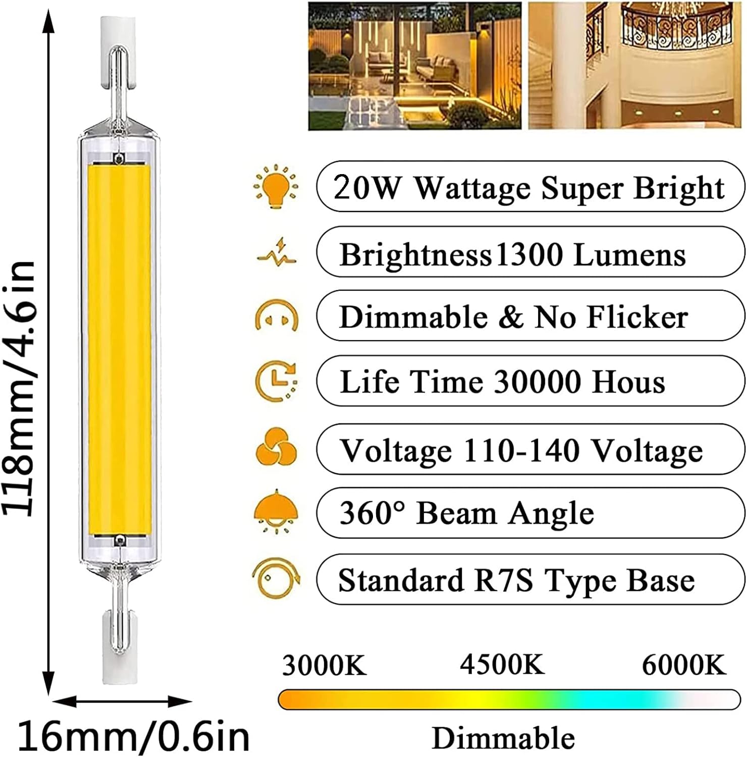 Lampadine LED R7s da 118 mm, 4 lampade bianco caldo a doppio attacco da 20 W ad alta luminosità, equivalenti a lampadine alogene da 200 W. - 3
