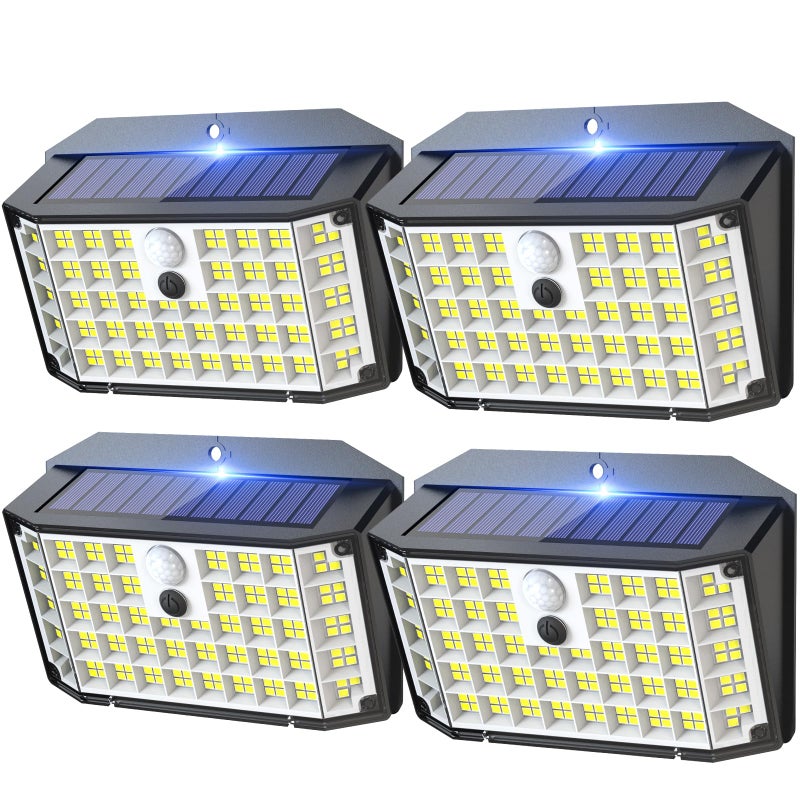 Zewnętrzne lampy solarne, pakiet 4, 176 LED z czujnikiem ruchu, wodoodporne lampy ścienne IP65, 3 tryby (zimne światło)
