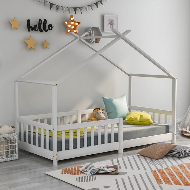 Letto cabina per bambini 90x200cm in legno massello con protezione anticaduta e rete a doghe - Bianco