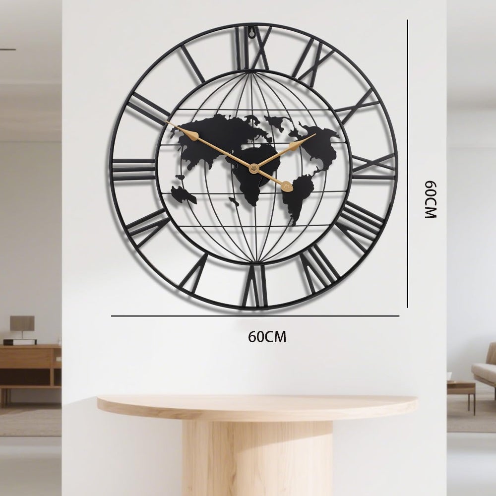 Reloj de pared grande, moderno y minimalista de metal con mapa del mundo, redondo, decorativo, funciona con pilas, ideal para salón, oficina o escuel - 4