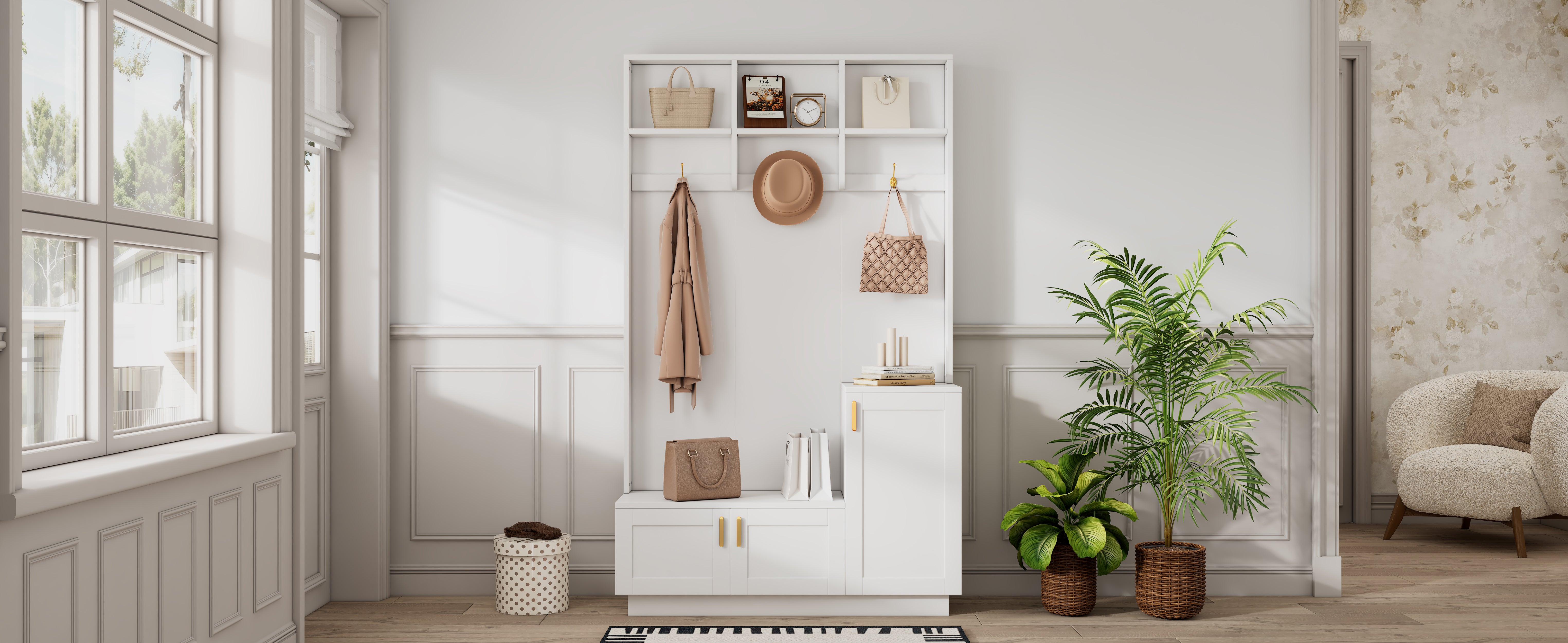 Ensemble vestiaire d'entrée - avec porte-manteau et rangements à chaussures - Banc de rangement - avec 3 crochets - Blanc - 9