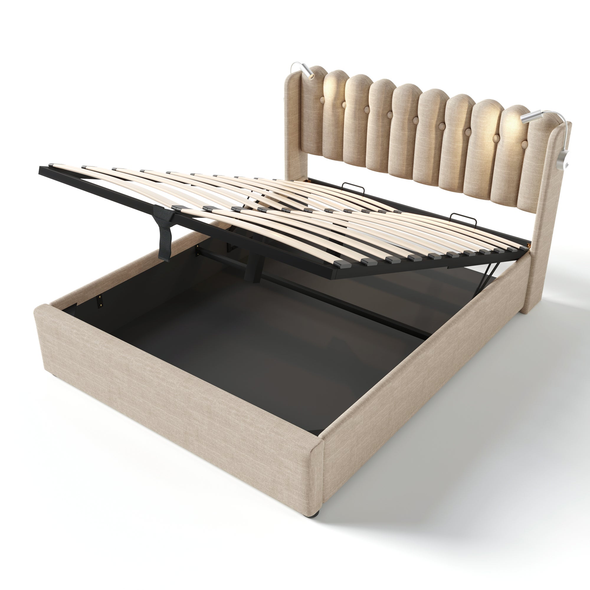 Cama contenedor con cabecero - 140 x 200 cm - lámpara de lectura y toma USB - tela de lino - color natural - 8