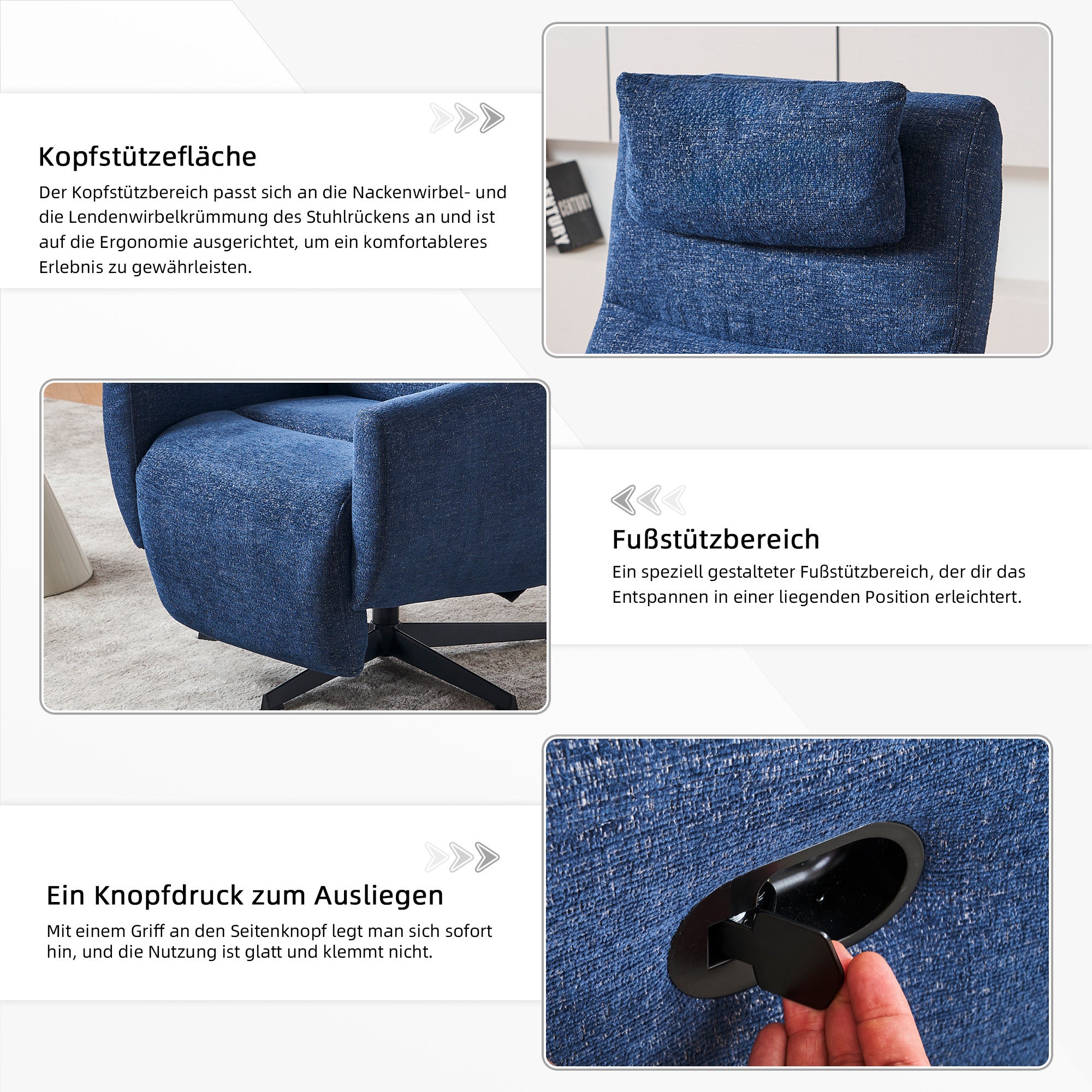 Fauteuil relax bleu avec repose-pieds, inclinable, pivotant 360°, fauteuil TV et lounge pour salon moderne - 4