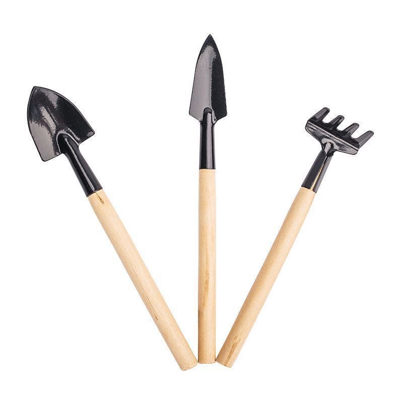 Set 3 Mini Outils De Jardin – Pelle, Râteau, Houe – Bois Et Fer – 18 Cm – Noir – Jardinage, Camping, Extérieur