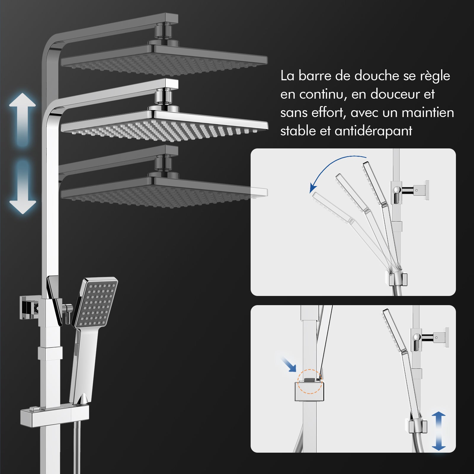 Colonne de Douche Thermostatique Chromé, Ensemble de Douche avec pomme de douche et tête de douche, Hauteur Réglable 855-1105mm - 6