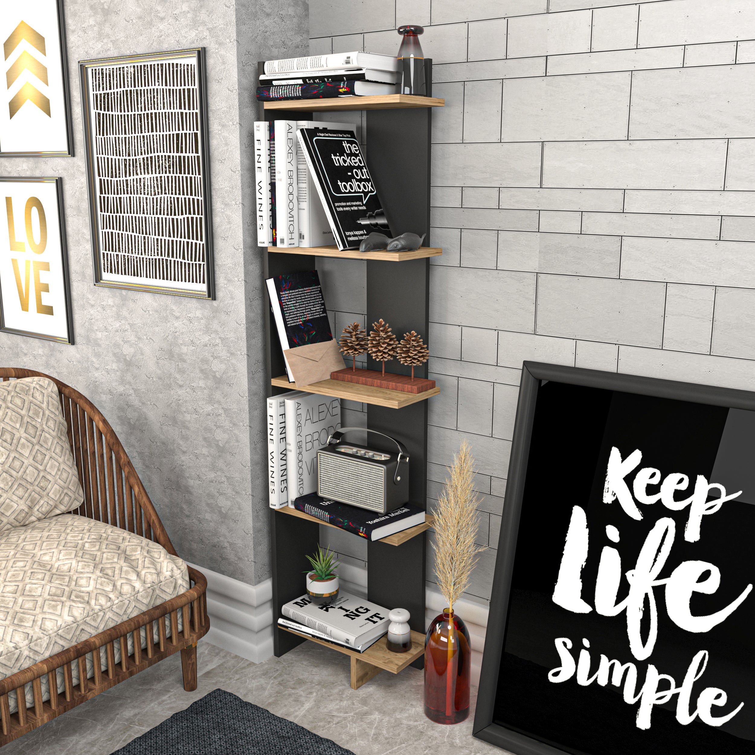 Bibliothèque pour Séjour en MDF Marron H. 170 x l. 45 x P. 19.6 cm - 2